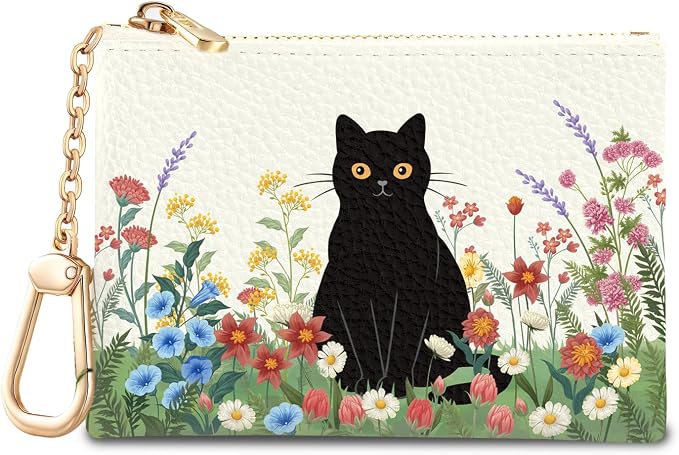 Black Cat Flower Floral Keychain Coin Purse for Women, Small PU Leather Change Pouch, Zipper Little Tiny Travel Wallet for Girls, Cute Kawaii Zip Pocket Coin Holder with Key Ring