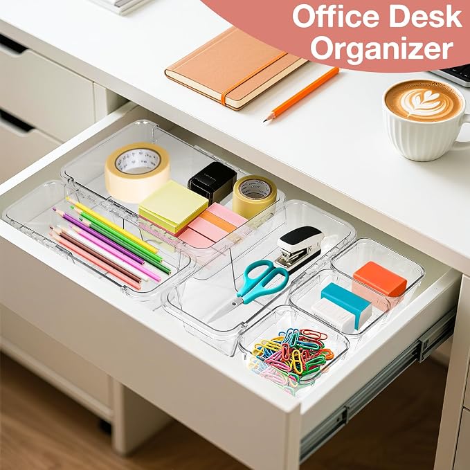 IAMGlobal 14PCS Expandable Drawer Organizer, Clear Drawer Organizers | Acrylic, Transparent, 3-Size, Adjustable, Expanding, for Makeup, Storage, Vanity, Bathroom, Bedroom, Kitchen, Office