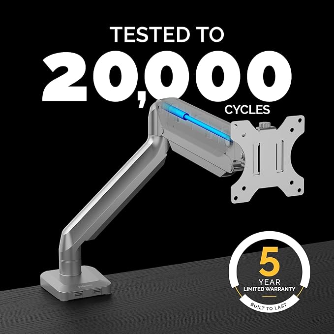 Fellowes Platinum Series Single Monitor Arm for 40-Inch Monitors, Full Motion, 360° Rotation, VESA Mount with Grommet or Clamp, USB Ports, Ergonomic, Silver, 8056401