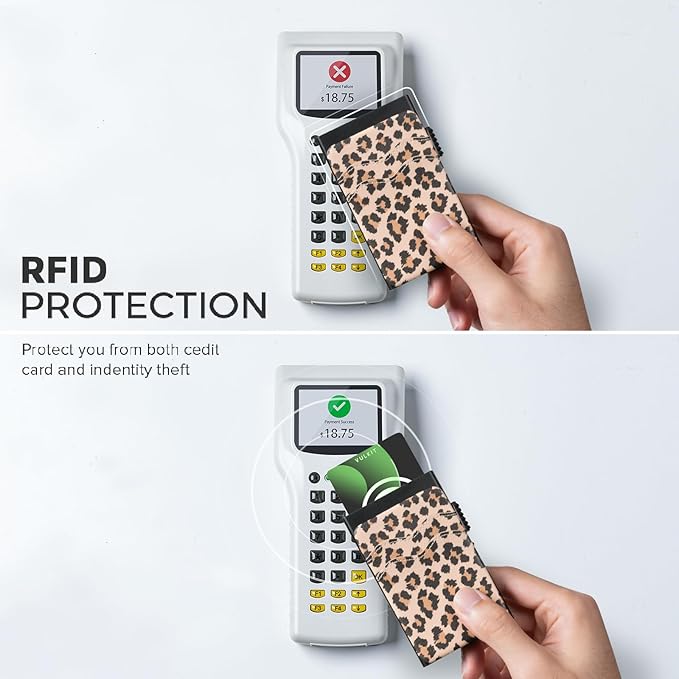 VULKIT Credit Card Holder Minimalist Slim Pop Up Wallet with Leather Slots RFID Blocking for Men and Women Holds 7 Cards and Notes Leopard Chic