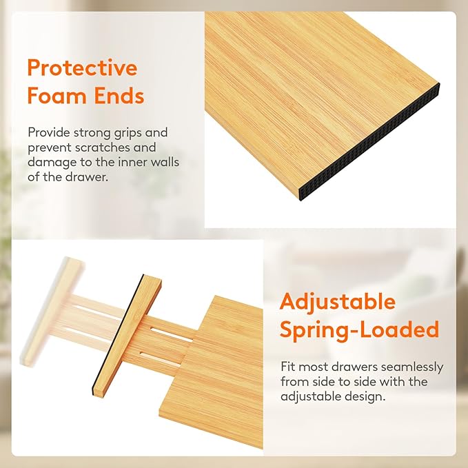 Lifewit 6" High 6 Pack Bamboo Drawer Dividers 33-42cm/13-16.5" Adjustable Wooden Drawer Organizer for Clothes/Utensils, Expandable Drawer Separator for Dresser/Kitchen/Bedroom/Office Organization