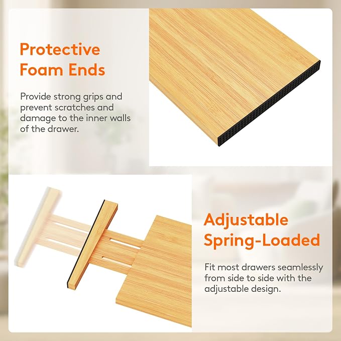 Lifewit 6" High 8 Pack Bamboo Drawer Dividers 33-42cm/13-16.5" Adjustable Wooden Drawer Organizer for Clothes/Utensils, Expandable Drawer Separator for Dresser/Kitchen/Bedroom/Office Organization