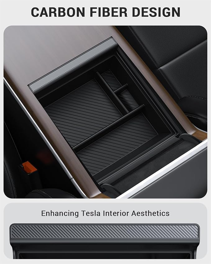 BASENOR 2026-2022 Tesla Model S Model X Center Console Organizer Tray(Carbon Edition), Armrest Storage Box for Model X/S Plaid/Long Range Refresh Console Accessories