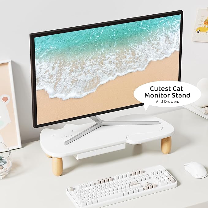 AFOOYO Monitor Stand Riser,Cat-Shaped Sturdy Wood Computer Monitor Stand, Monitor Stand Riser, Multi-Purpose Desktop Organizer Riser for Computer,Laptop,Printer,TV,White