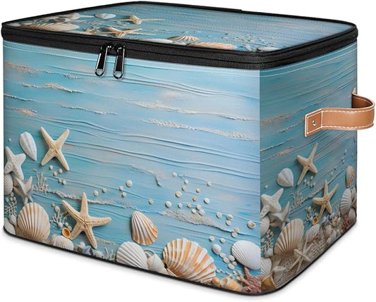 Sea Star Shell Storage Basket for Bedroom Kitchen Bathroom Storage Bins with Lids Collapsible Toy Cube Storage Organizer for Kid Teen Women Men