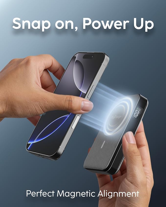 myCharge CliqLuxe Magnetic Wireless Power Bank 10,000mAh | iPhone & MagSafe Compatible | Qi2.2 25W Mag Safe Portable Charger | Built-in Stand | 2.5W Apple Watch Charger | Premium Black Fabric