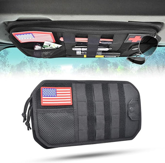 1000D Sun Visor Organizer with Zipper Visor Storage Pouch, Car Sunglasses Holder, Hard Molle Panel for Tactical Gears, Fits Most Car, SUVs, and Trucks