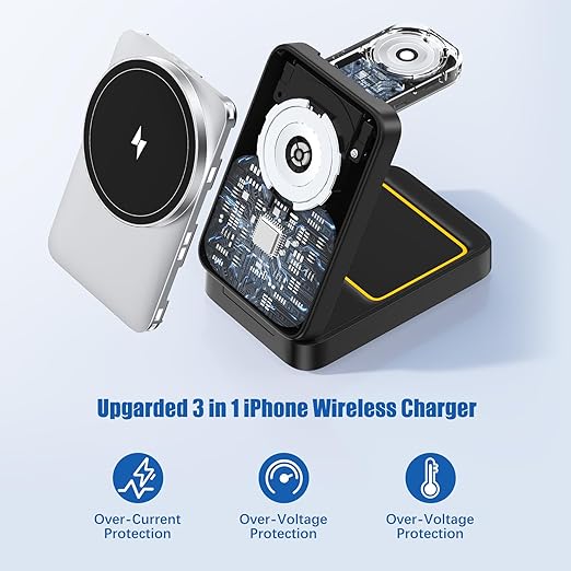 3 in 1 Wireless Charger Station for Multiple Apple Devices, Foldable Magnetic MagSafe Charging Stand, Portable Fast Travel Charger for iPhone 17/16/15/14/13/12/11 Pro Max/Apple Watch Series/Airpods