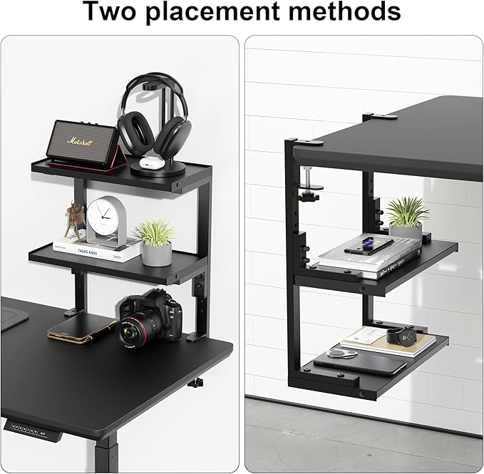 Spacrea clamp on Desk Shelf, 2 Tier Office Desk Shelves Organizer, Wood Desktop Supplies Storage Rack, Desk Organizers and Accessories (Black)