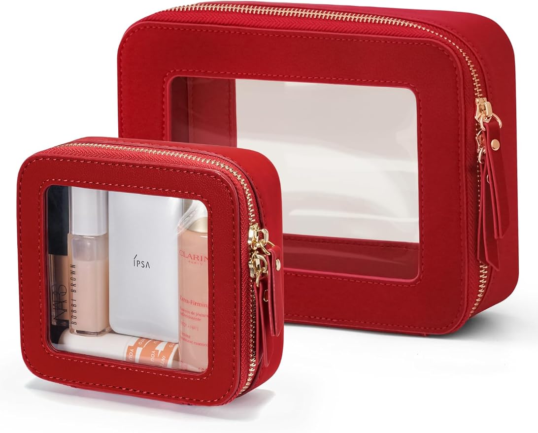 Popvibe Clear Makeup Case Toiletry Bag Travel Medium Clear Cosmetic Bag with Zipper, Mini & Medium, Red