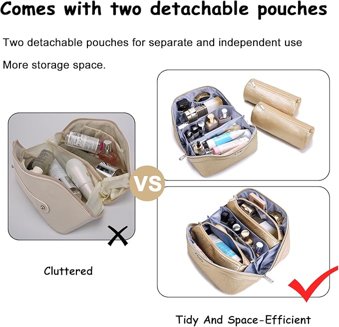 BOYATU Travel Makeup Bag for Women: Cosmetic Organizer Bag with Compartments - Leather Make up Bags Set of 3 (G-5-Gold Yellow)