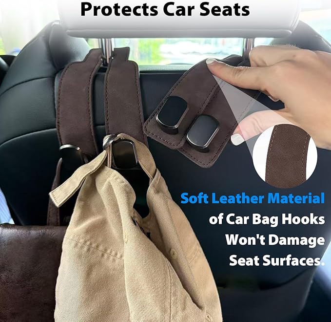 Travel Depot Headrest Hooks for Car, Purse Hook for Car, Premium Leather Twin Hook Car Seat Hooks, Double Hook Seat Back Storage Organizer for Purses, Bags, SUV, Truck, Vehicle, 2 Pack, Brown