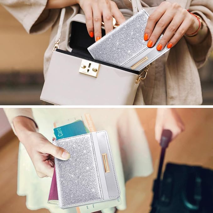 Passport Holder Cover Women's Travel Wallet RFID Blocking Cute Slim Passport Wallet with Elastic Band, Silver