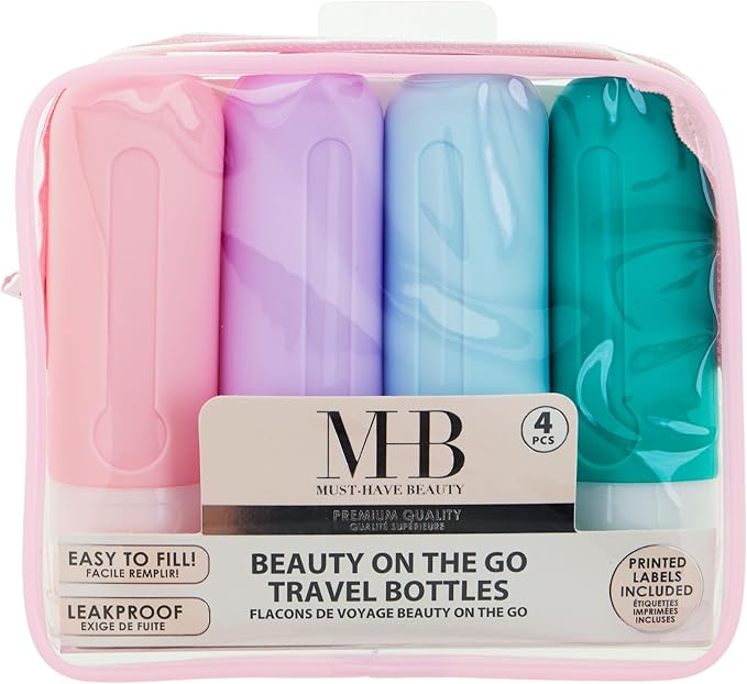EXPRESSIONS 4pc Refillable Travel Bottles Set – Leakproof Squeeze Bottles with Snap Caps | Toiletry Containers with Labels & Clear Zip Pouch | TSA Approved Travel Bottles for Women & Men