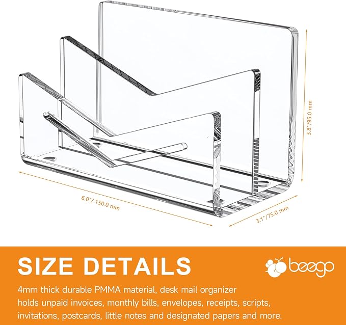 Beego Envelope and Mail Organizer Countertop - 2 Compartments Clear Acrylic Desk Organizer Letter Holder Desktop File Sorter Bill Document Folder Rack for Office, Home, School Desk Organization