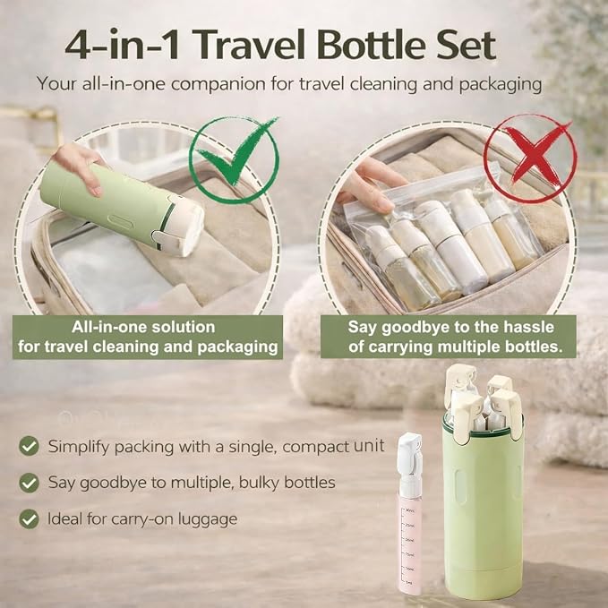 Leak Proof Travel Bottles 4 Pack 30ML, Refillable Toiletry Containers with Scale & Label, Clear Portable Dispenser for Shampoo Conditioner Lotion Cream Body Wash(Green)