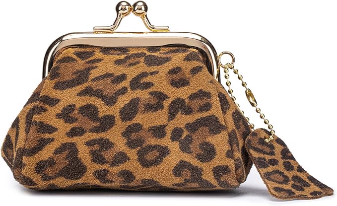 Genuine Leather mini Coin Purse, Small Vintage Kiss Lock Jewelry Storage Organizer, Cute Lipstick Jewelry Storage Case for Women (Brown Leopard Print)