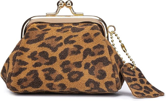 Genuine Leather mini Coin Purse, Small Vintage Kiss Lock Jewelry Storage Organizer, Cute Lipstick Jewelry Storage Case for Women (Brown Leopard Print)