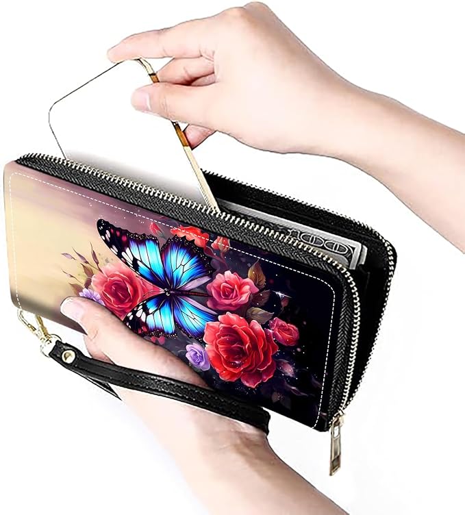 Women's Large Capacity Wallet PU Leather Zip Around Clutch Purse Multifunctional Wallet with Removable Wristlet Strap for Smart Phone/Coin/Card/Cash, Flower Butterfly