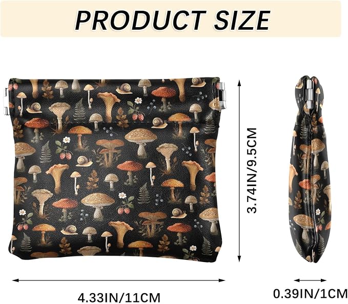 Mushroom Snail Berry Women's Waterproof PU Leather Coin Purse, Slim Travel Wallet with Zipper - Compact Card Holder & Jewelry Organizer for Cash, Keys, Lipstick