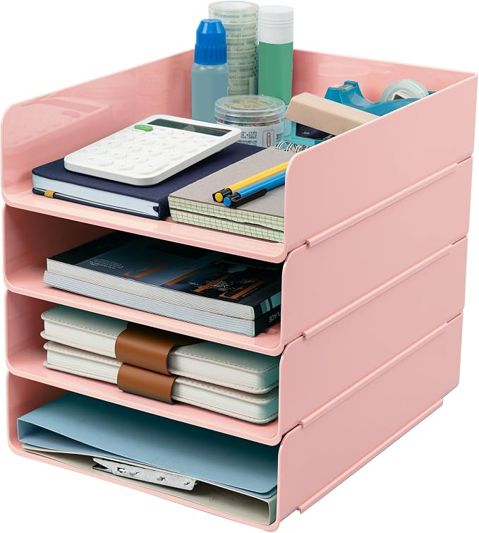 Tiawudi Desk Organizer, Office Organization and Storage, Plastic Letter Tray, Stackable File Organizer for Classroom, Home, Documents, Notes, Folders, Books and Pens, 4 Tier