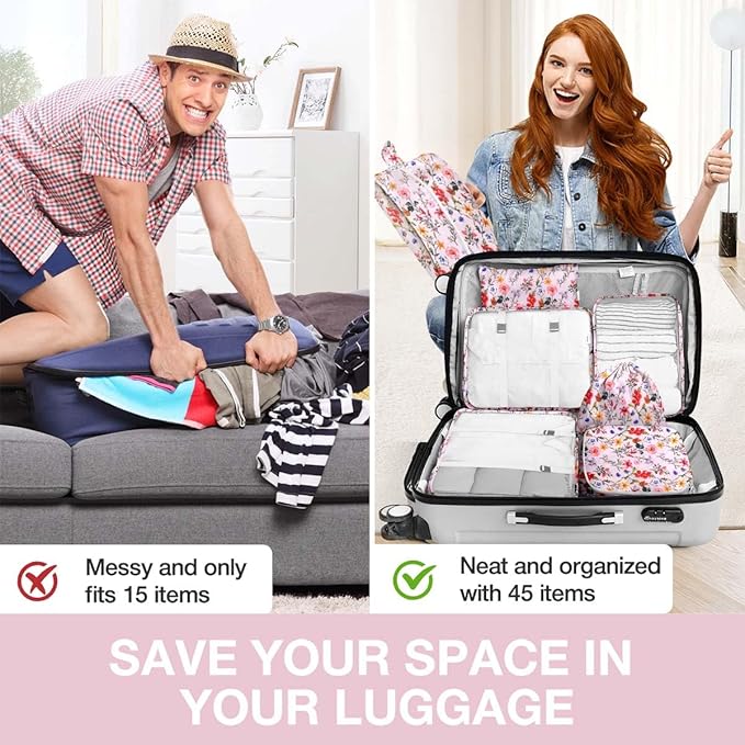 8 Set Packing Cubes for Suitcases, Packing Cube with Shoe, Cosmetics, Clothing, and Accessories Bags for Travel Luggage Organizer Women Men(Retro Flowers)
