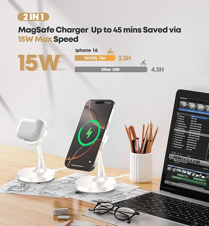 2 Pack Magnetic Wireless Charger iPhone, 15W Fast Mag-Safe Charger Stand for iPhone 17/17 Air/17 Pro/17 Pro Max 16/15/14/13/12 Series Magnet Wireless Charging Station/Pad for AirPods- Gifts Ideas