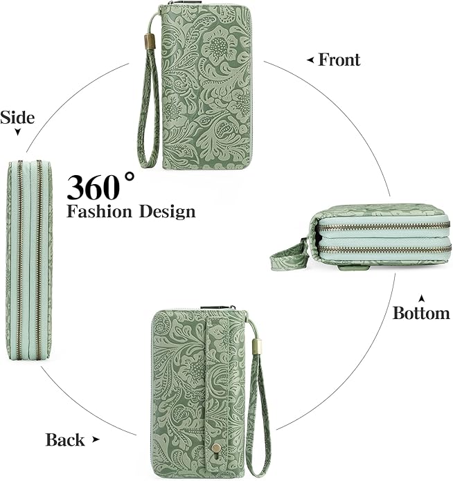 GOIACII Women's Wallet Wristlet Ladies Phone Purse RFID Blocking Large Card Holder Double Zip Grip Strap Vegan Leather