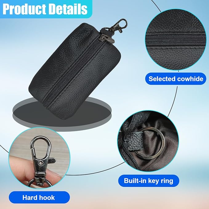 Leather Car Key Case Holder, Auto Smart Key Fob Protector Pouch with Zipper, Universal Unisex Keychain Wallet (Black)