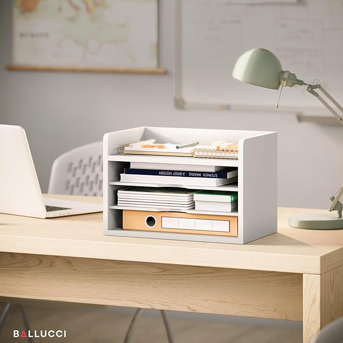 Ballucci File Organizer, 4-Tier Office Desk Organizer, Open Top Wood Paper Organizer for Classroom, Desktop Mail Sorter Paper Tray, White