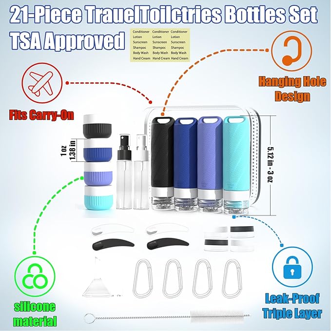 26 Pcs TSA Approved Travel Toiletry Bottles Set, Leakproof Silicone Refillable Travel Containers with Hanging Hole & Carabiner, Portable Essentials, for Shampoo Conditioner Lotion Body Wash