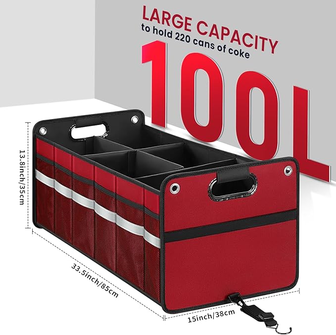 winhunt Car Trunk Organizer, Car Storage Organizer, Collapsible Multi Compartment for Car, Suv, Sedan, Truck, 100L, Extra Larger (Red, 100L)