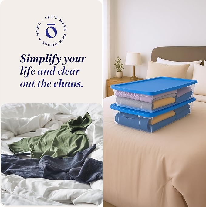 HOMZ 2-Pack Snaplock, Large Clear Plastic Storage Organizer Bins w/Lids, 41 Quart, Blue - Stackable Container Boxes for Bedroom, Bathroom, Garage, and Office Organization