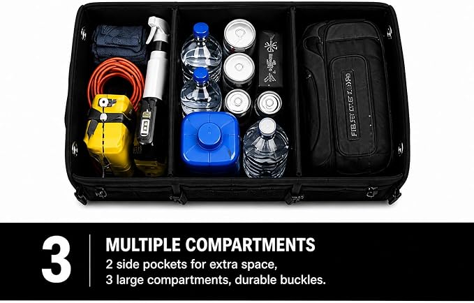 Car Trunk Organizer – Foldable Storage with 3 Compartments, Heavy Duty, Collapsible Cargo Organizer for SUV, Truck & Car (Black)