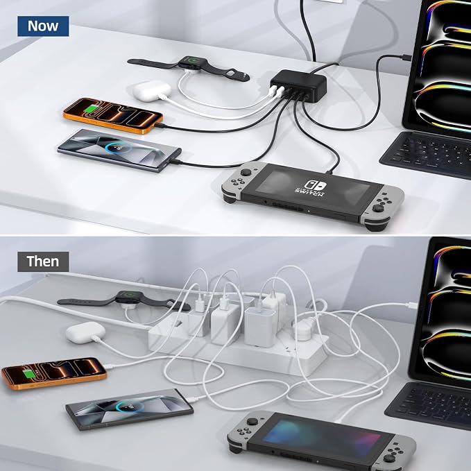 6 in 1 USB Charger, 50% Smaller Charging Station for Multiple Devices, 100W Fast Charging Blocks with Type C Ports, USB Charging Hub Organizer Multiport Power Strip for iPhone, Ipad, Kindle, Travel