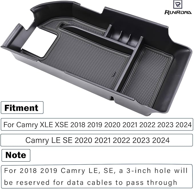 RUNROAD Center Console Organizer Compatible with Toyota Camry XLE XSE 2018-2024 and Camry LE SE 2020 2021 2022 2024 Accessories, Armrest Insert Tray Secondary Storage Box Fit 2 USB Ports, Black