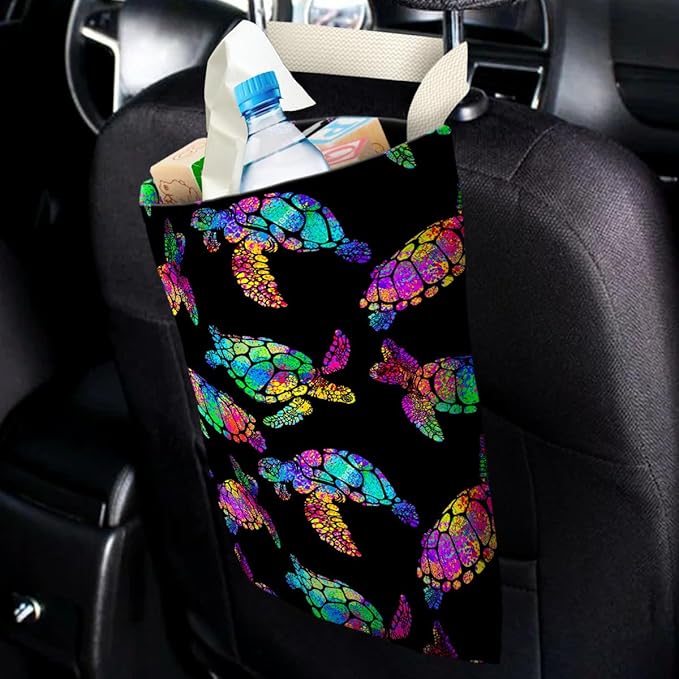 IRADA Car Trash Bag Hanging No Snap Small Garbage Bag for Car Back Seat - Cute Printed One-handed Strap Trash Bags - Rainbow Turtle