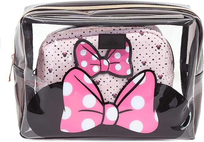 Impressions Vanity Disney Minnie Mouse 2 PCs Clutch Purses, Water Resistant Zippered Travel Makeup Clutch Bag Set for Holding Makeup Brush, Cosmetic, Toiletry, Skincare and Jewelry Accessories