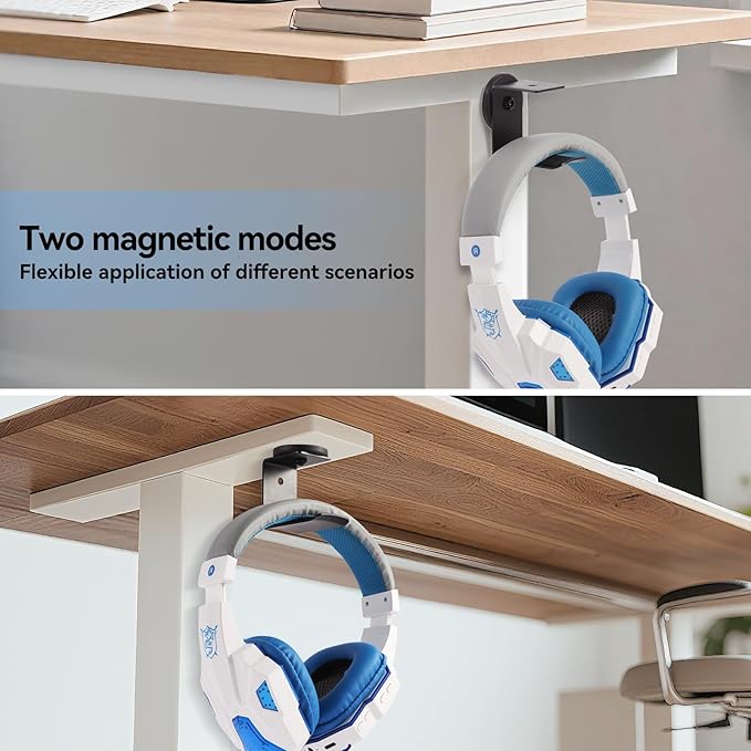 Magnetic Headphone Holder, Headset Hooks, Aluminum Headphone Hanger for Desk & Table, Headphone Mount Stand with Rubber Pad, Compatible with All Gaming Headsets (Black)