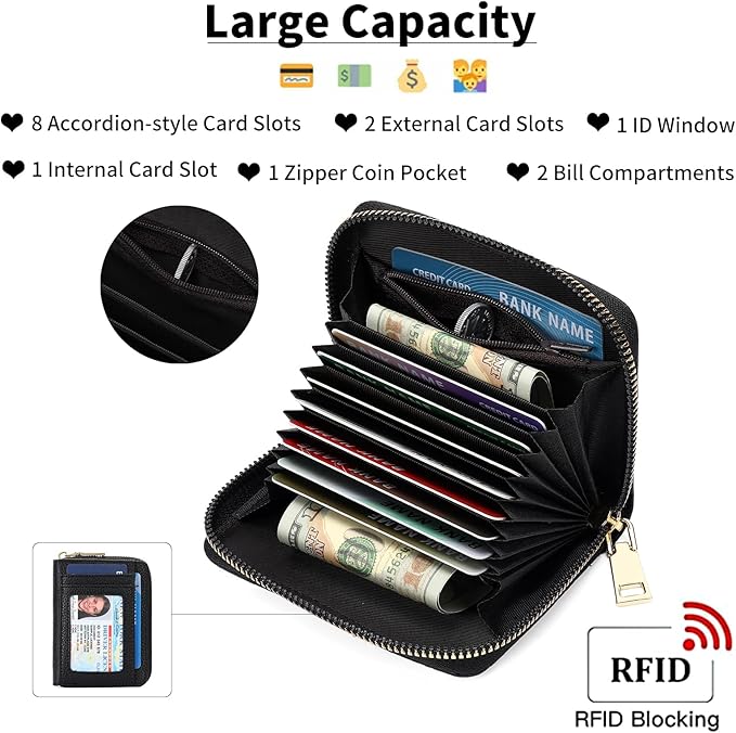 GAEKEAO Wallet Women RFID Blocking Leather Small Compact Zip-Around Credit Card Holder with ID Window & Zipper Pocket