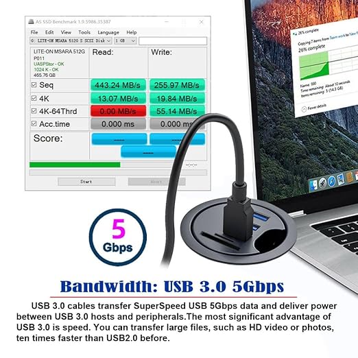 ChenYang USB 3.0 Flush Mount Desktop HUB,2 USB 3.0 Port/1 USB C Port HUB Grommet Hole 2.36"(60mm) with SD/TF Card Reader Port