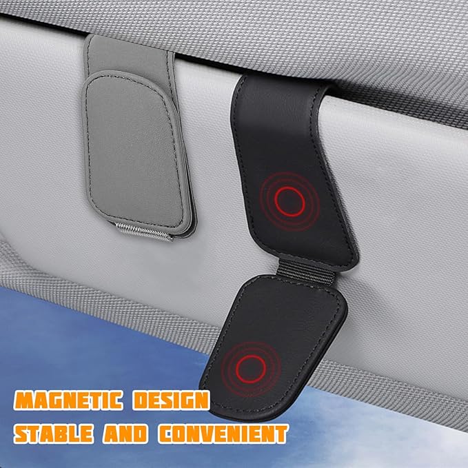 Sunglasses Holder for Car Visor, Microfiber Leather Magnetic Sun Visor Eyeglasses Hanger & Ticket Card Clip, Multi-Function Automotive Interior Glasses Mount, Universal Fit (Gray)