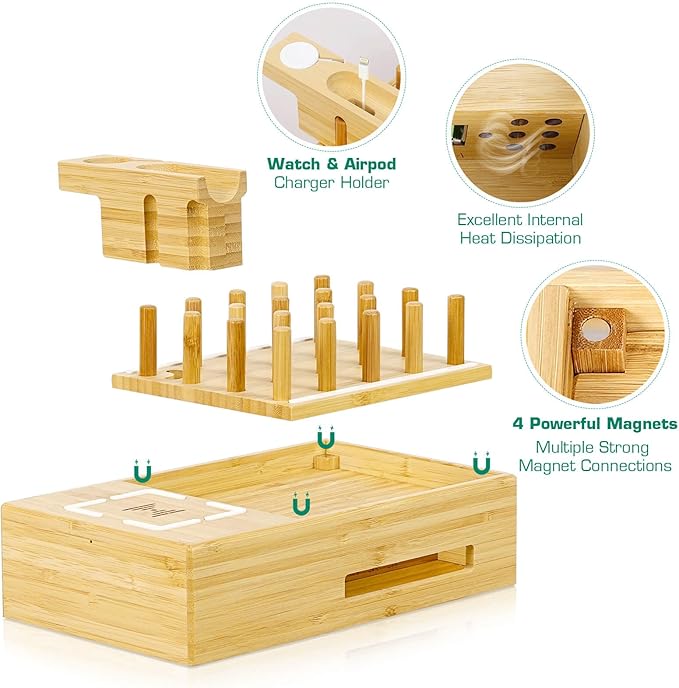 Bamboo Wireless Charging Station for Multiple Devices - Wood Docking Station Organizer, Qi Certified Fast Wireless Charger, 7 USB Charging Ports for Cellphone, Smart Watch, Earbuds, Tablet