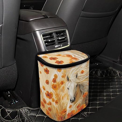 Talayituse Horse Floral Print Car Trash Can with Lid, Leak Proof Auto Trash Bag Hanging Vehicle Garbage Can Multipurpose Storage Container for Back Seat Road Trip