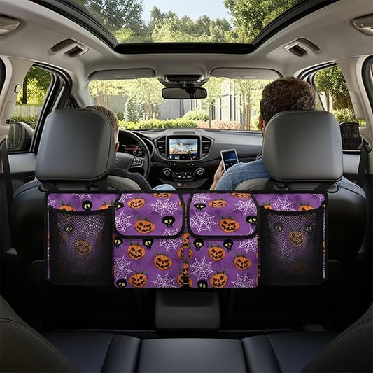 Hanging Car Trunk Organizer for SUV Sedans Jeep Trucks MPV Van, Halloween Spiderweb Pumpkins Collapsible Design Car Back Seat Storage Bag Automotive Interior Accessories