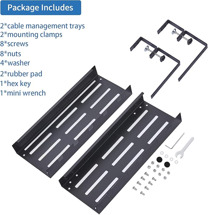 Expandable Under Desk Cable Management Tray, Max Load 22lbs, Clamp Mount, Super Sturdy Metal, No Drill, Cord Organizer for Home and Office, Black