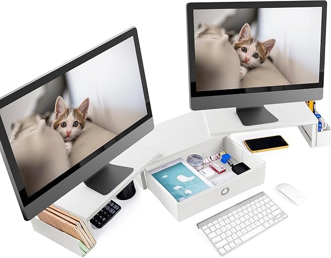 RUILALIFE Dual Monitor Stand Riser w/ Drawer & Metal Leg, Large White Computer Monitor Riser w/ Storage For 2 Screens, Desk Shelf w/ Adjustable Length & Angle, Desktop Organizer