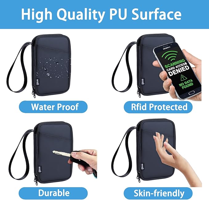 family passport holder for 4 multiple passport bag passport wallet for travel passport cover rfid blocking for women waterproof wallet with zipper passport case for men (solid black)