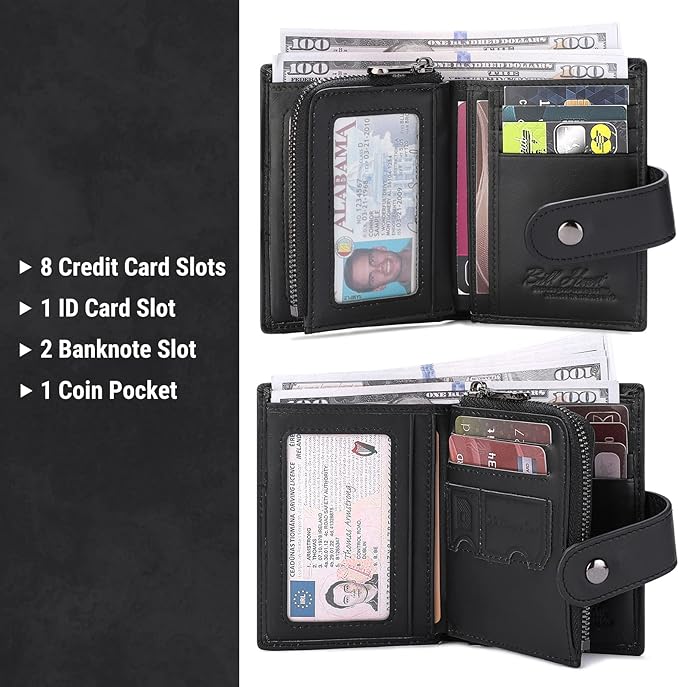bill heart Chain Wallets for Men, RFID Blocking Genuine Leather Wallets with Anti-Theft Chain