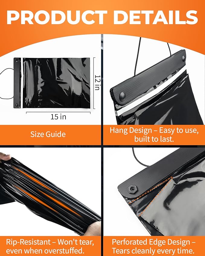 Disposable Car Trash Bags Hanging (Set of 15, Black) - Large 15 x 12Inches, Recycled Car Garbage Bags with Leak-proof & Smell-proof, Multipurpose Automobile Trash Container Perfect Car Fit